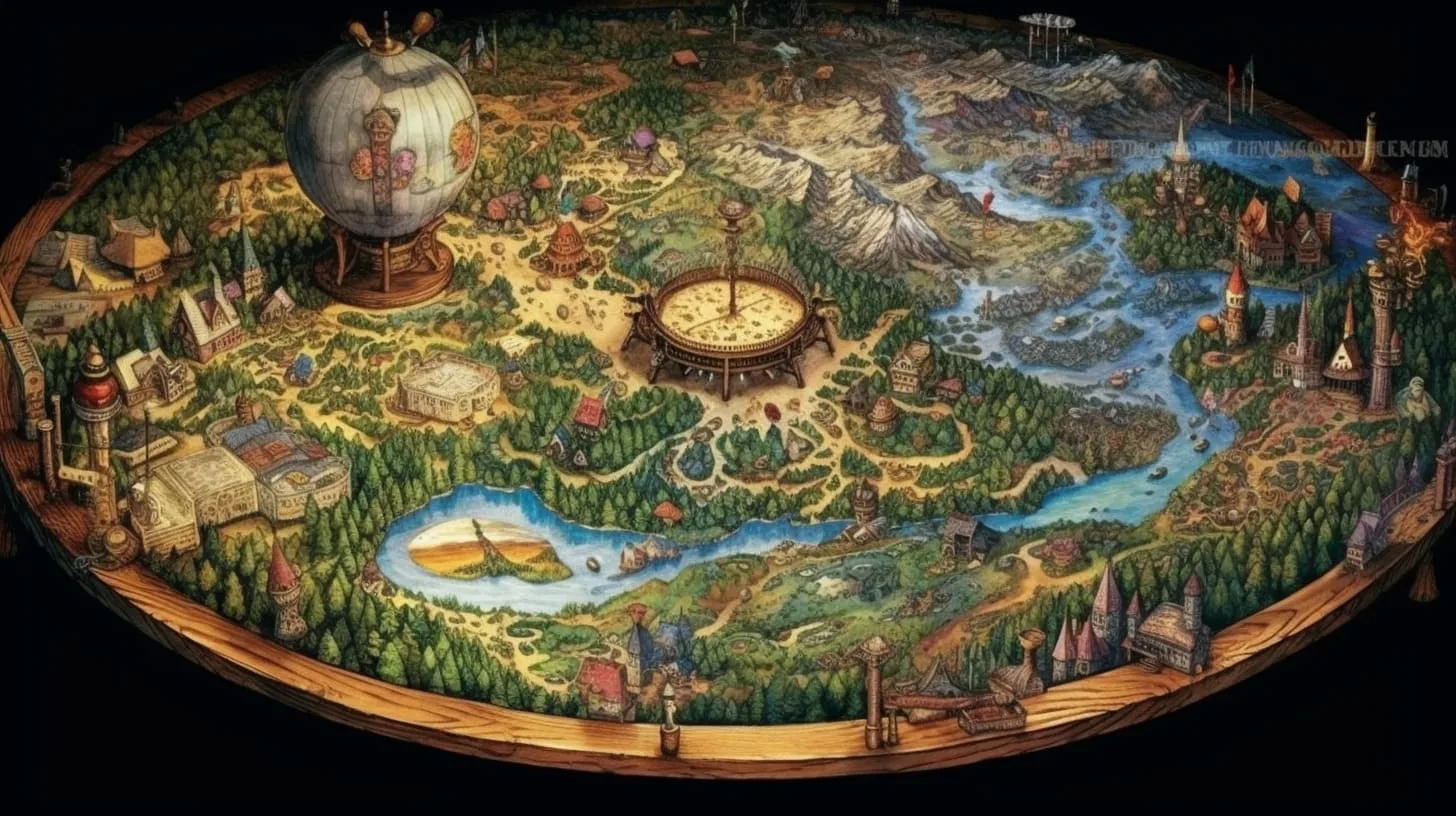 Ilustración de un reino mágico llamado 'Relationalia', representando conceptos de bases de datos como entidades y relaciones en forma de elementos naturales como bosques, ríos y montañas.